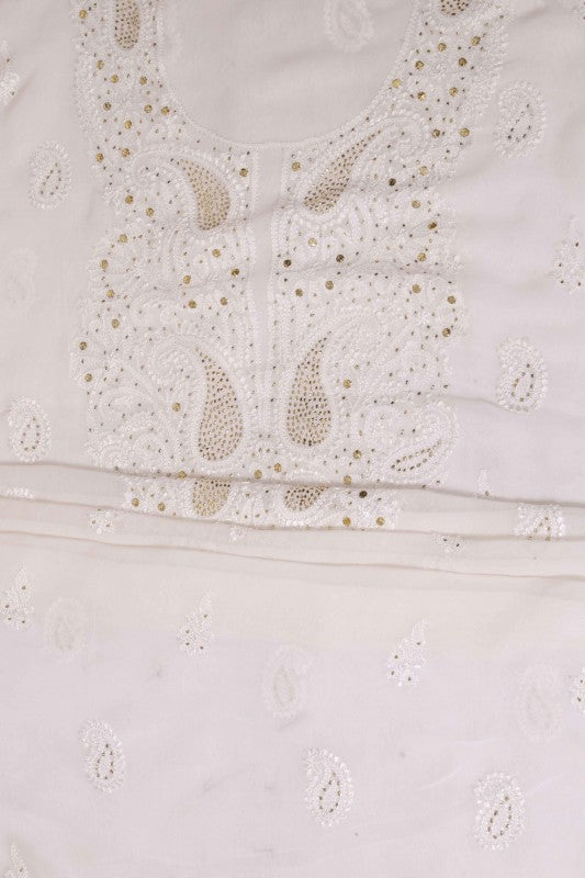 Ada Hand Embroidered White Georgette Lucknowi Chikan Unstitched Kurta Piece with Muqaish Work A339929
