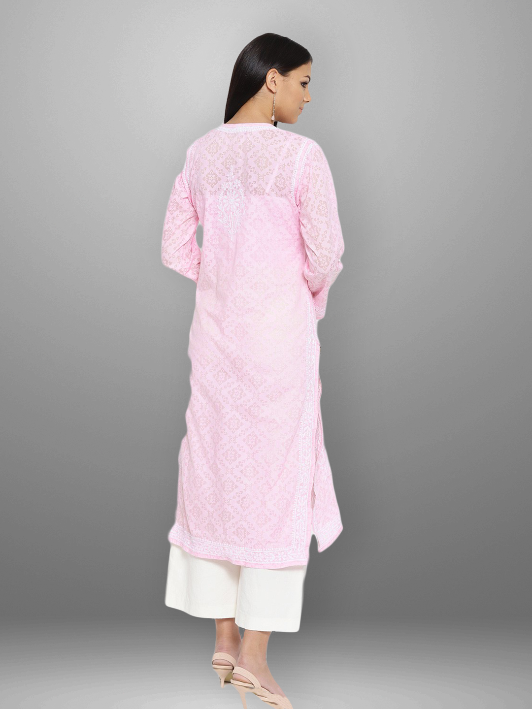 Ada Hand Embroidered Pink Cotton Lucknowi Chikankari Straight Kurta A100108