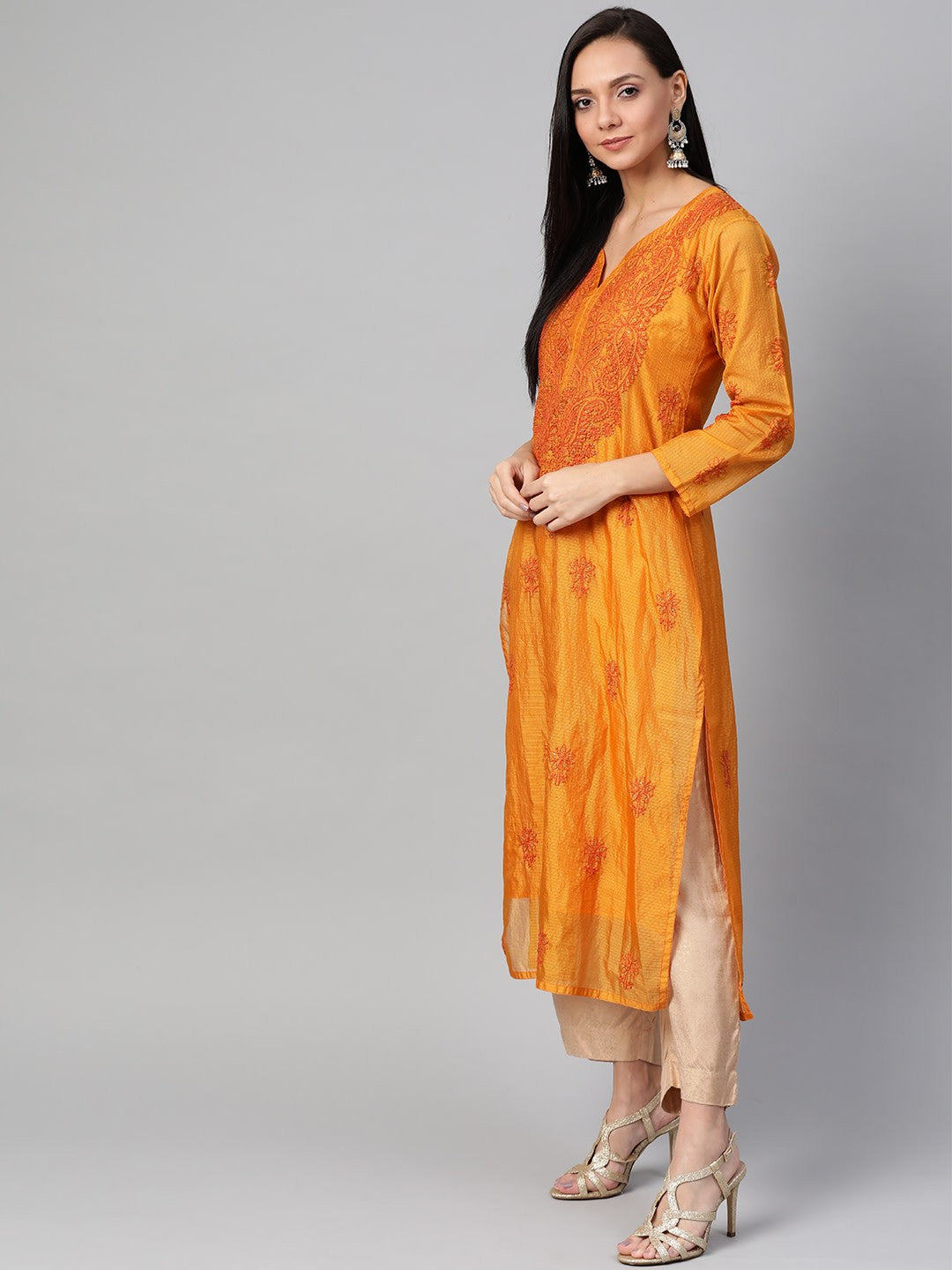 Ada Hand Embroidered Mustard Kota Lucknowi Chikan Kurta/Slip With Muqaish Work- A100486