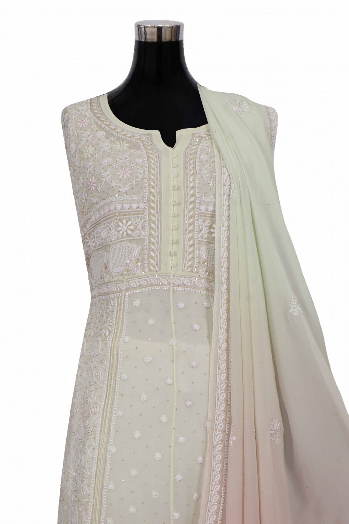 Ada Hand Embroidered Pistachio Green Ombre shade Georgette Lucknowi Chikankari Semi-Stitched Anarkali Kurta Dupatta Set With Pearl Work 01A243869