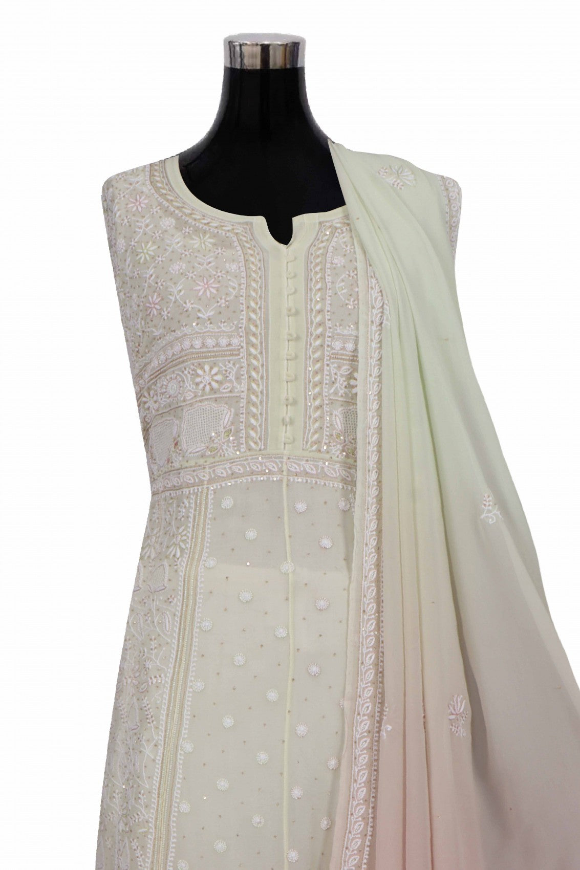 Ada Hand Embroidered Pistachio Green Ombre shade Georgette Lucknowi Chikankari Semi-Stitched Anarkali Kurta Dupatta Set With Pearl Work 01A243869