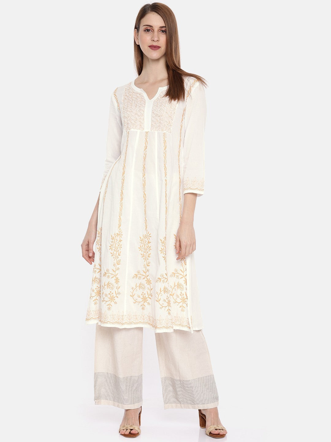 Ada Hand Embroidered White Cotton A Line Lucknowi Chikankari Straight Kurta A100205