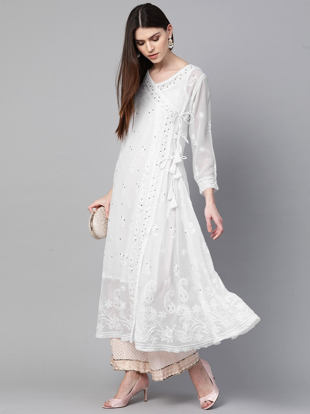 Ada Hand Embroidered White Georgette Lucknow Chikankari Angarkha Kurta/Slip with Muqaish Work A100430