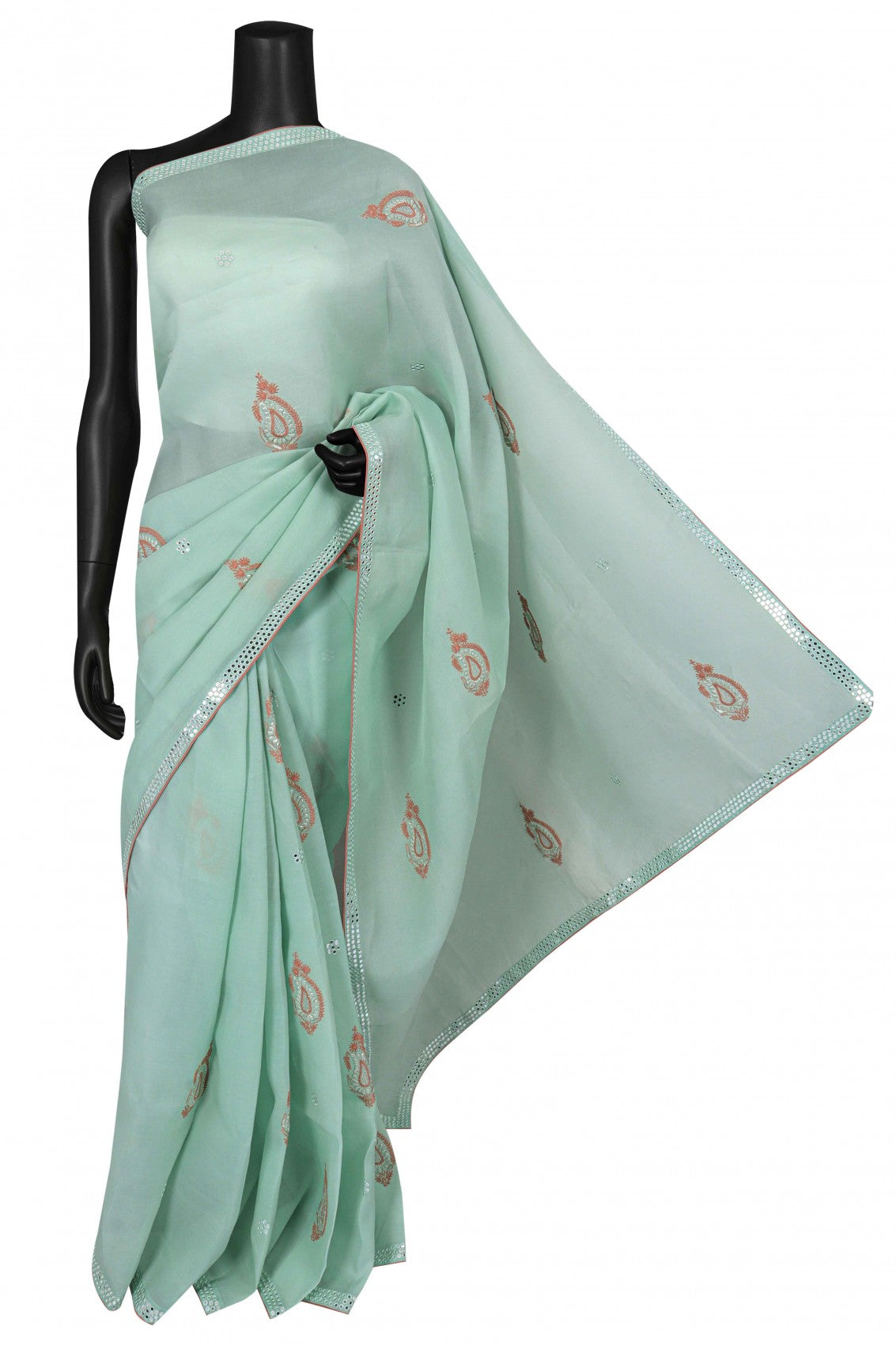 Ada Hand Embroidered Tea Green Organza Lucknowi Chikankari Saree/Blouse With Mirror Work A600720