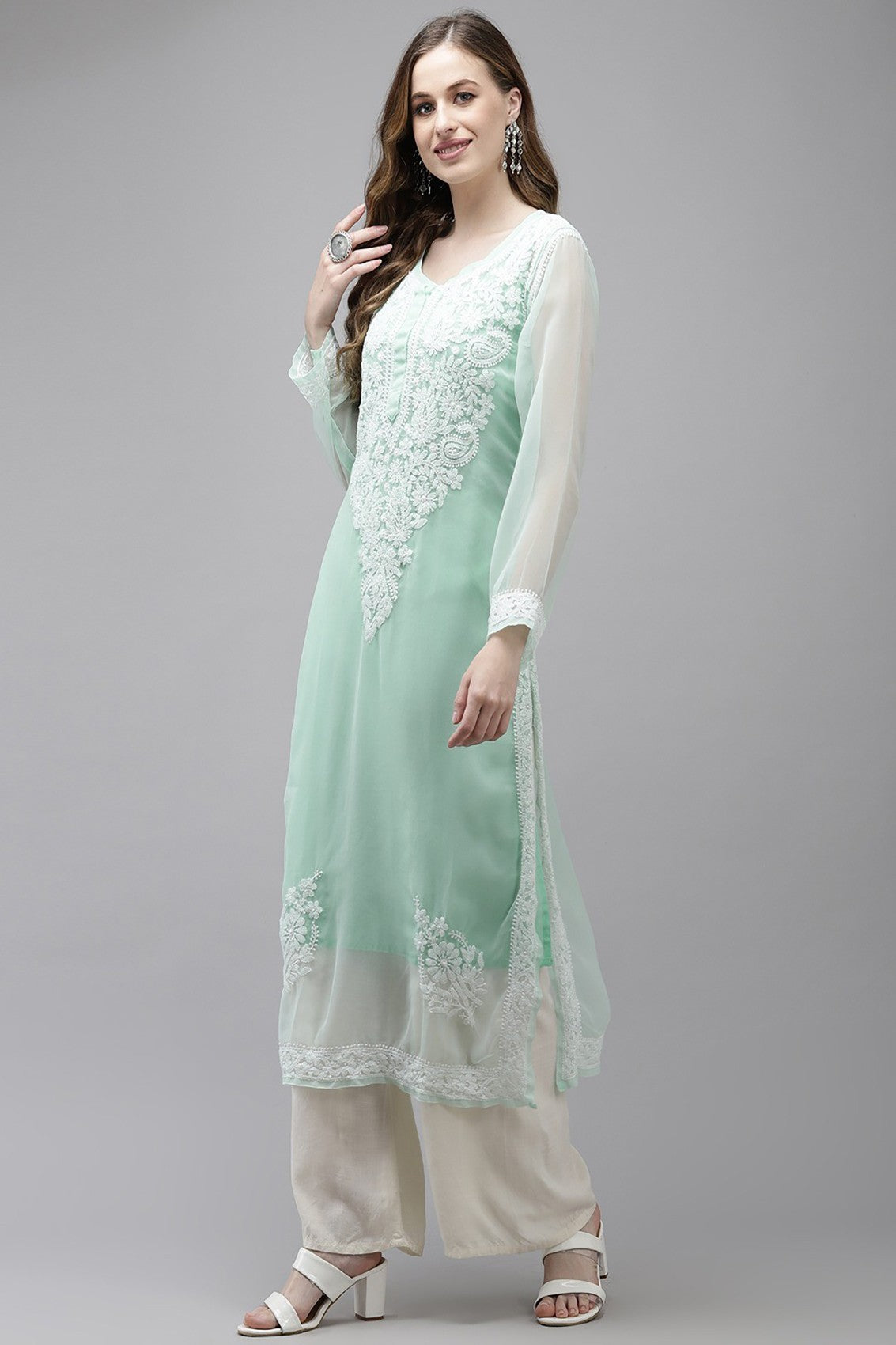 Ada Hand Embroidered Sea Green Georgette Lucknow Chikan Straight Kurta with Slip A411363