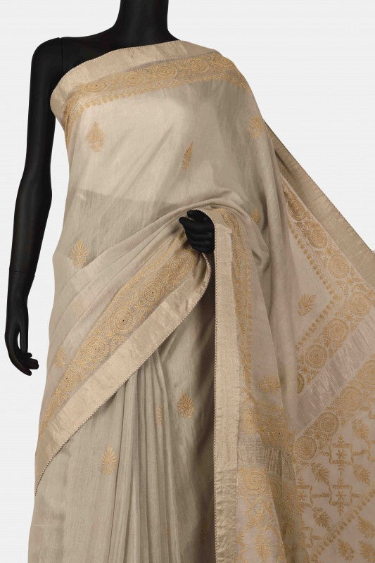 Ada Hand Embroidered Grey Tissue Lucknowi Chikankari Saree With Blouse A615162