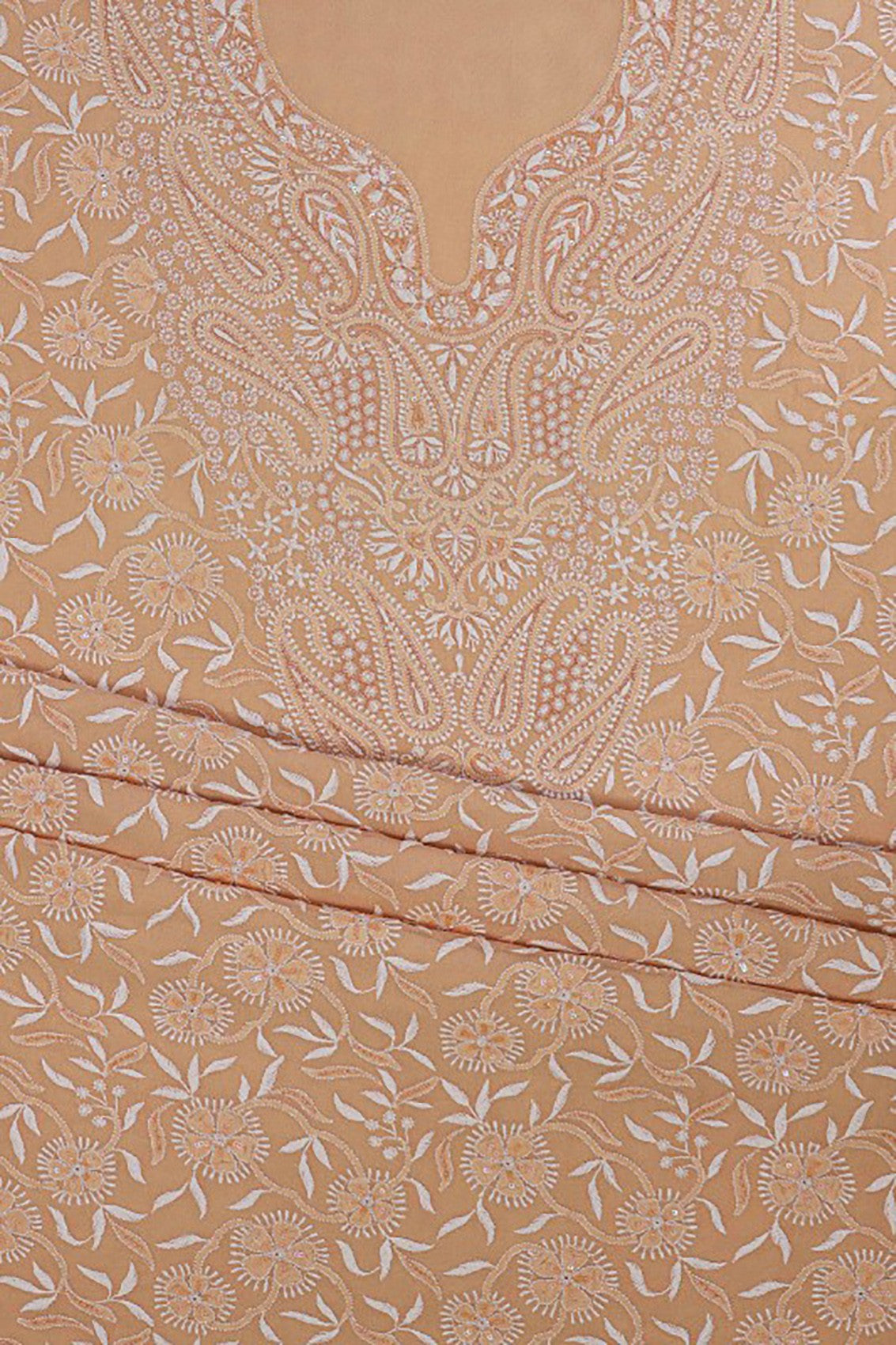 Ada Hand Embroidered Peach Pure Georgette Lucknowi Chikankari Unstitched Suit Piece With Sequinned Work A105959