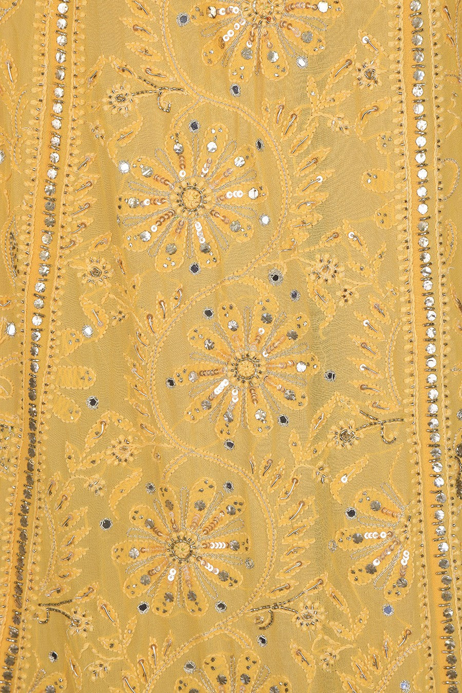 Ada Hand Embroidered Dandelion Yellow Pure Georgette Lucknowi Chikankari Lehenga Set With Muqaish Work– A20700