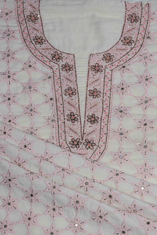 Ada Hand Embroidered Cream Cotton Chikan Unstitched Kurta Piece-A176684