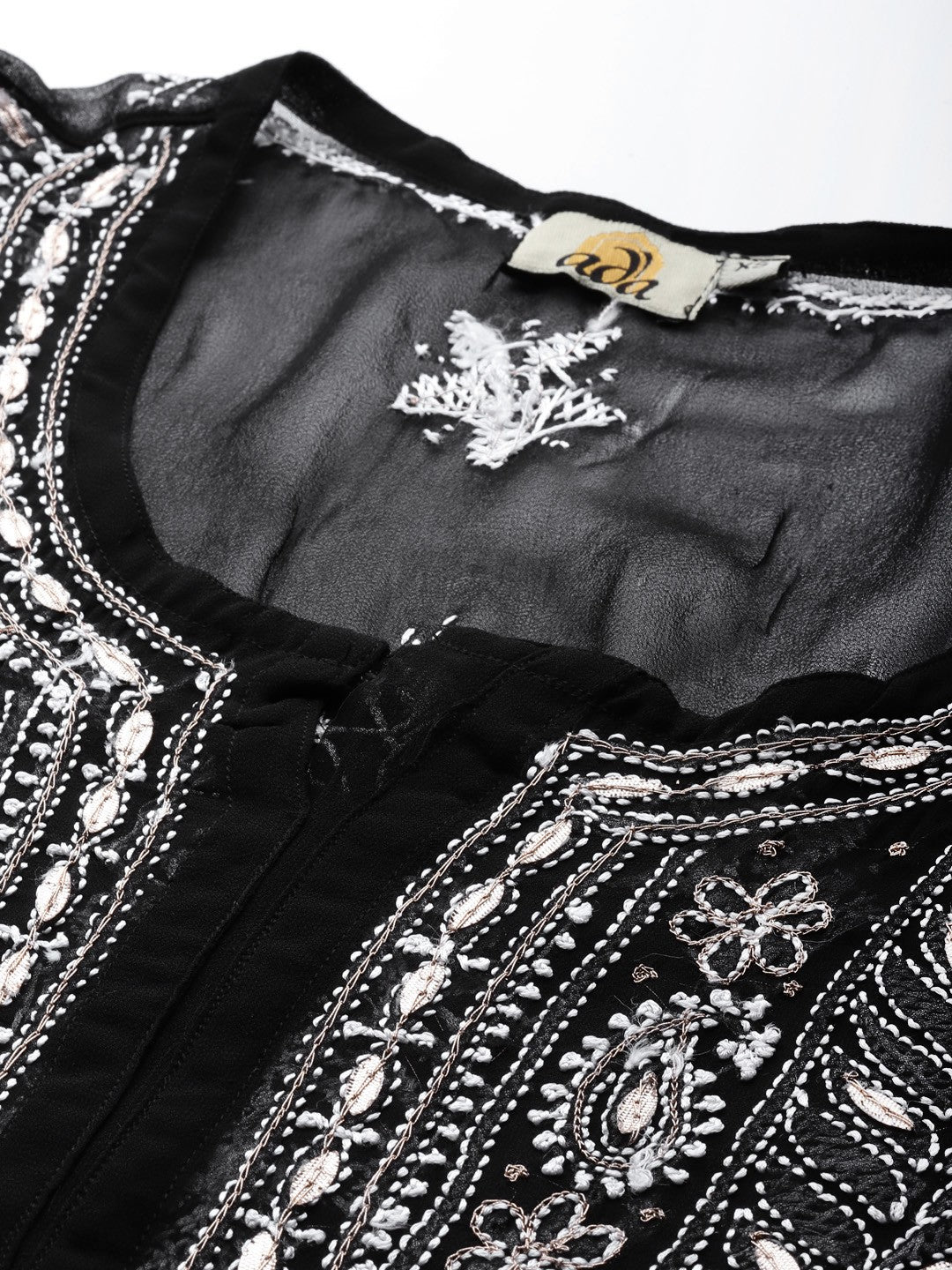 Ada Hand Embroidered Black Georgette Lucknowi Chikan Straight Kurta/Slip with Gota patti Work A411116