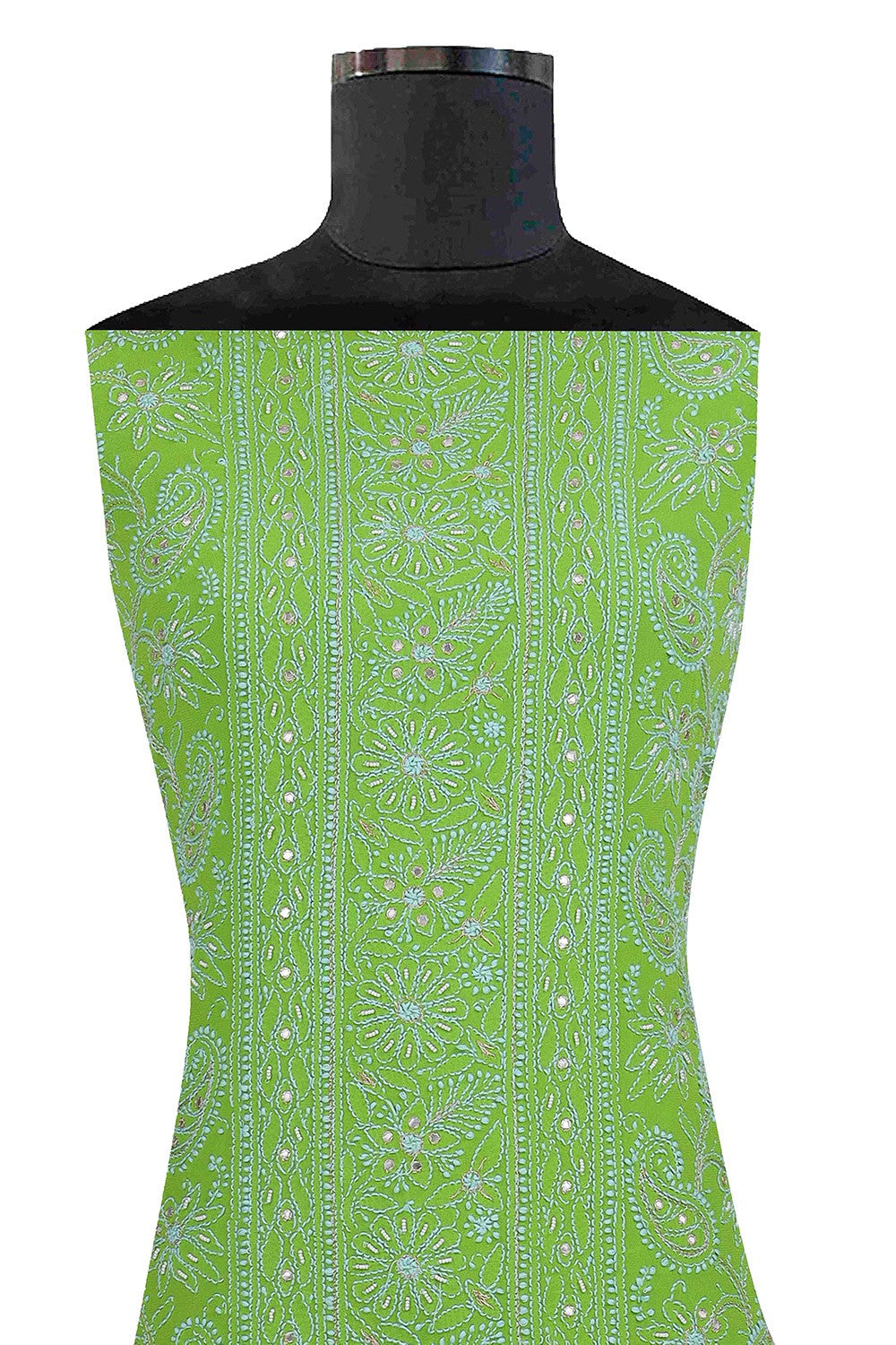 Ada Hand Embroidered Kelly Green Georgette Lucknowi Chikan Unstitched Kurta Piece with Pearl Work A579393