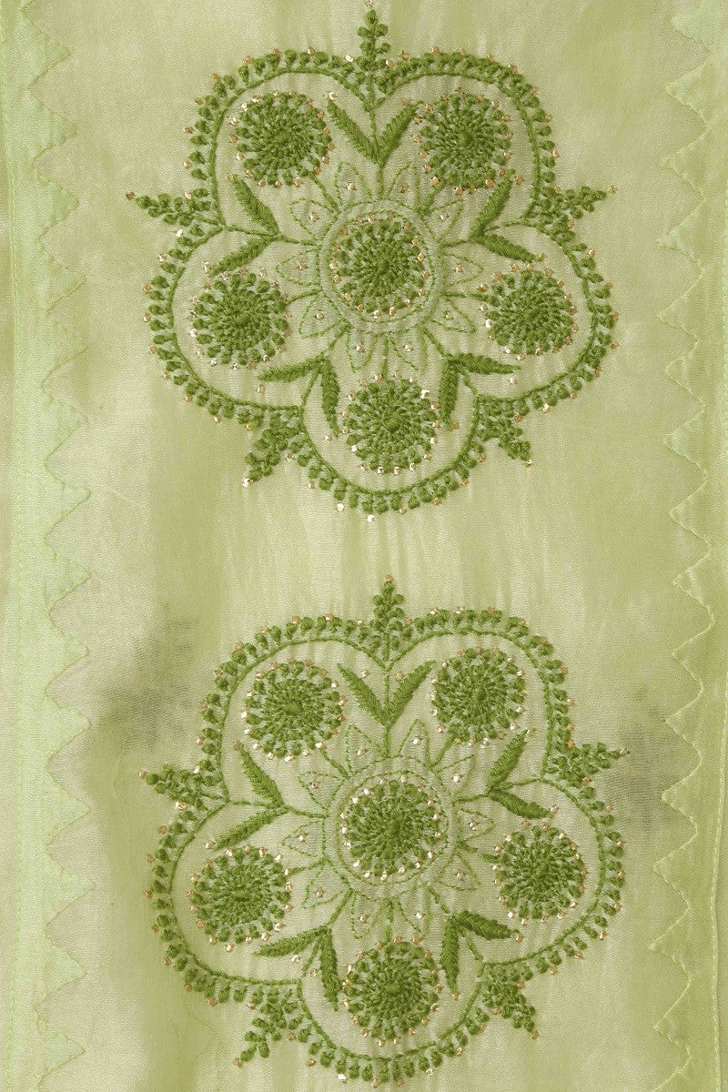 Ada Hand Embroidered Green Chanderi Lucknowi Chikan Semi-Stitched Kurta Piece With Muqaish Work-A588042