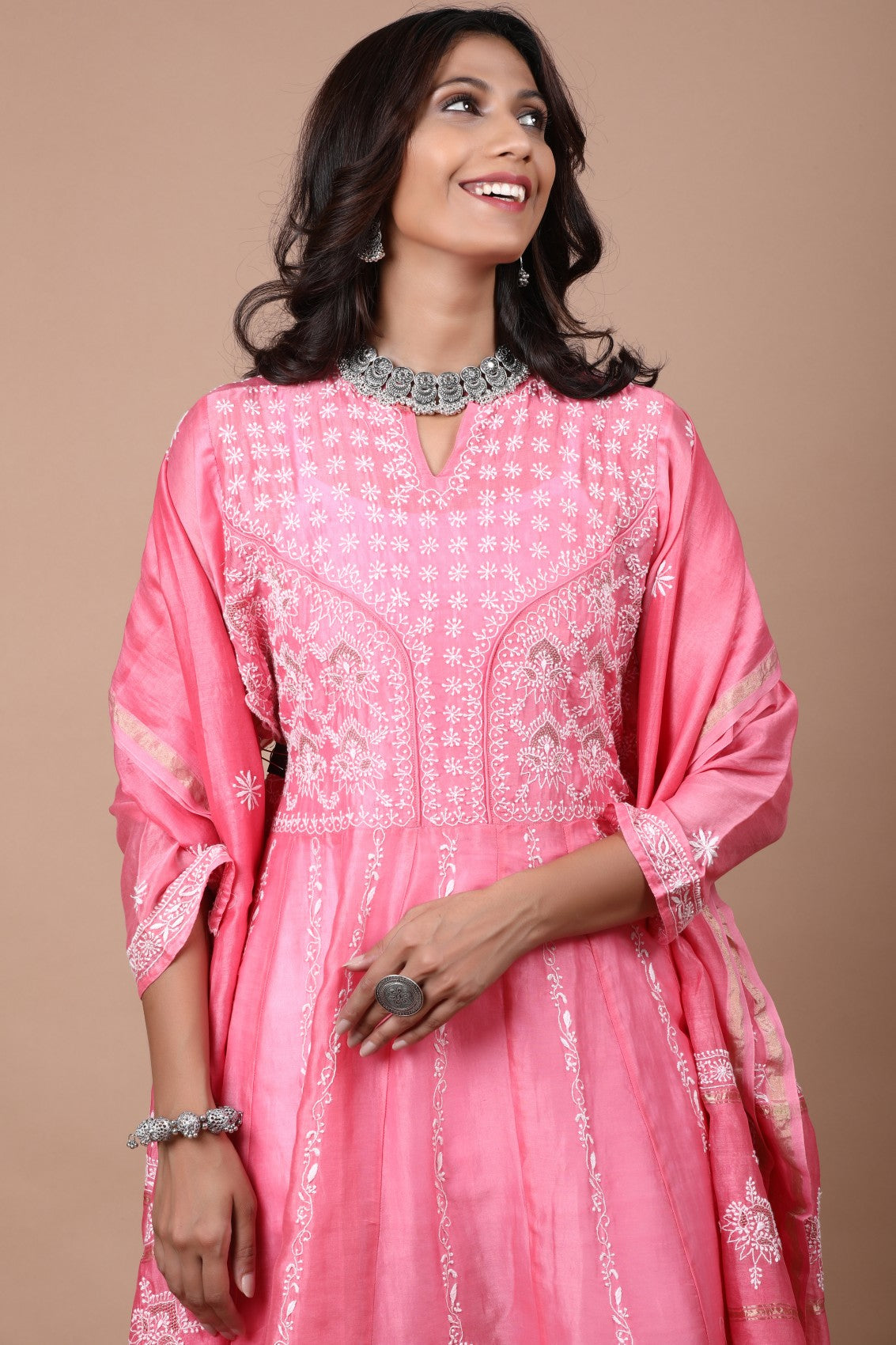 Ada Hand Embroidered Pink Chanderi Lucknowi Chikankari Semi-Stitched Anarkali Kurta Dupatta Set With Zari Work 01A205804