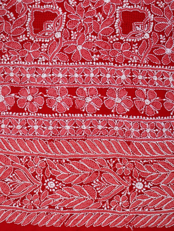 Ada Hand Embroidered Red Georgette Lucknowi Chikan Unstitched Suit Piece A491155