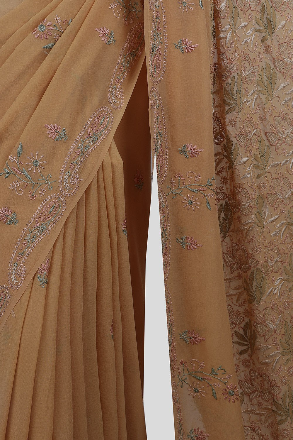 Ada Hand Embroidered Carmel Brown Pure Georgette Lucknowi Chikankari Saree With Blouse- A600528