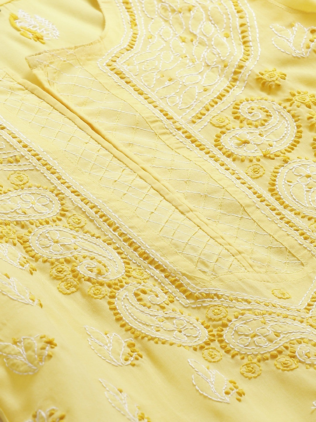 Ada Hand Embroidered Yellow Cotton Lucknowi Chikankari Straight Kurta With Trouser Set A811136