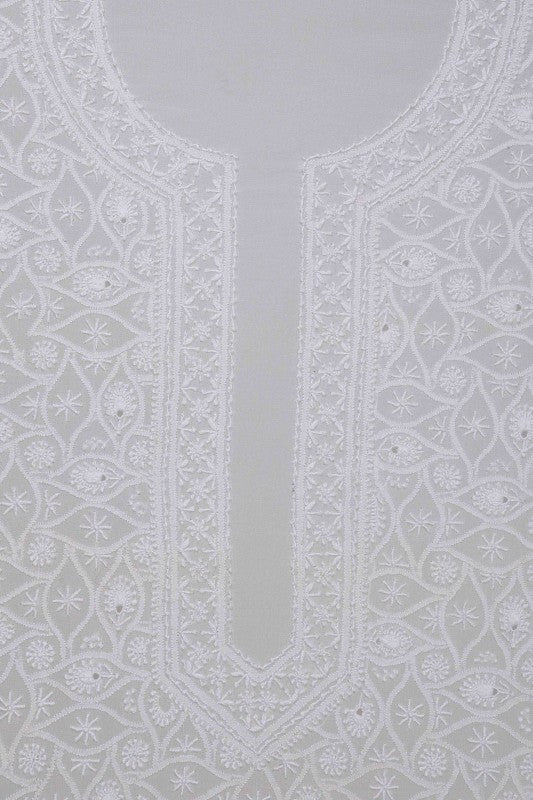 Ada Hand Embroidered White Pure Georgette Lucknowi Chikankari Unstitched Men's Kurta Piece A208586