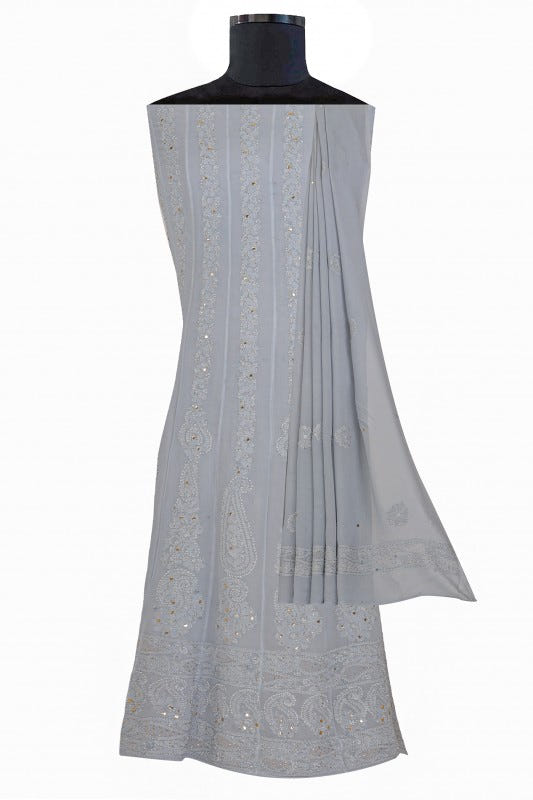 Ada Hand Embroidered Grey Georgette Lucknowi Chikankari Semi-stitched Anarkali Kurta Dupatta Set With Muqaish Work- A607087