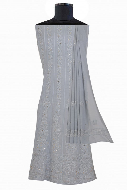 Ada Hand Embroidered Grey Georgette Lucknowi Chikankari Semi-stitched Anarkali Kurta Dupatta Set With Muqaish Work- A607087