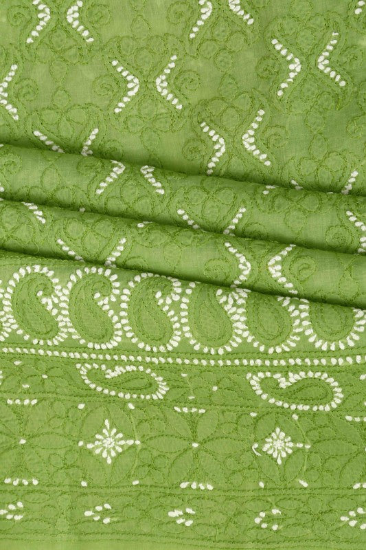 Ada Hand Embroidered Green Cotton Lucknowi Chikan Unstitched Suit Piece-A100178