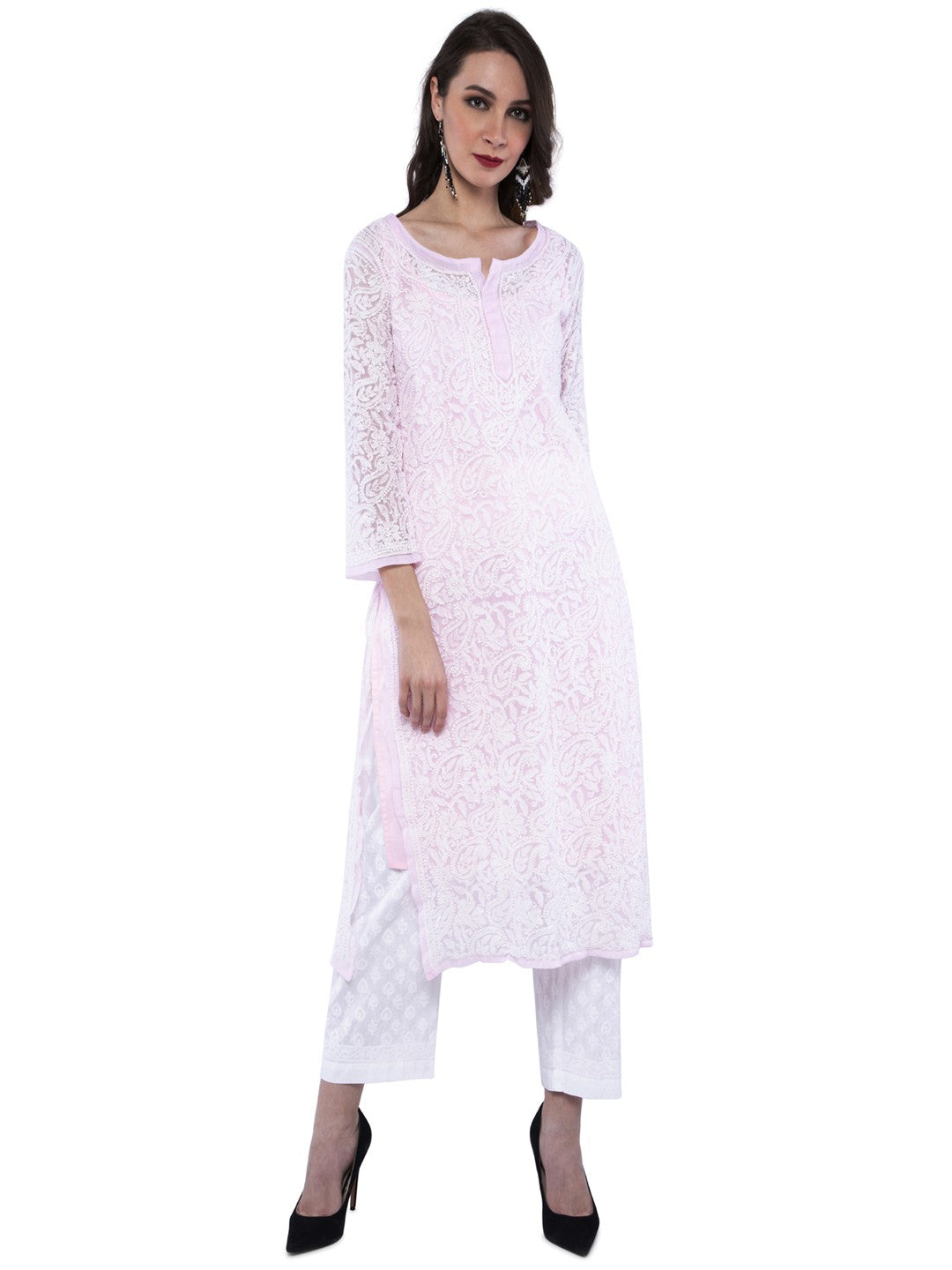 Ada Hand Embroidered Pink Georgette Lucknowi Chikankari Straight Kurta A158881