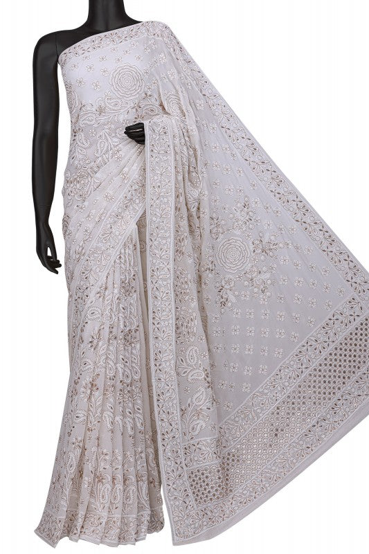 Ada Hand Embroidered White Pure Georgette Lucknowi Chikankari Saree /Blouse With Gota Patti Work A610159