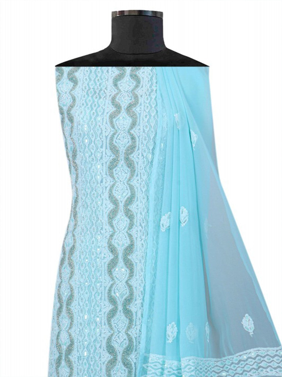Ada Hand Embroidered Pastel Blue Georgette Lucknowi Chikankari Unstitched Suit Piece With Pearl Work 01A172899