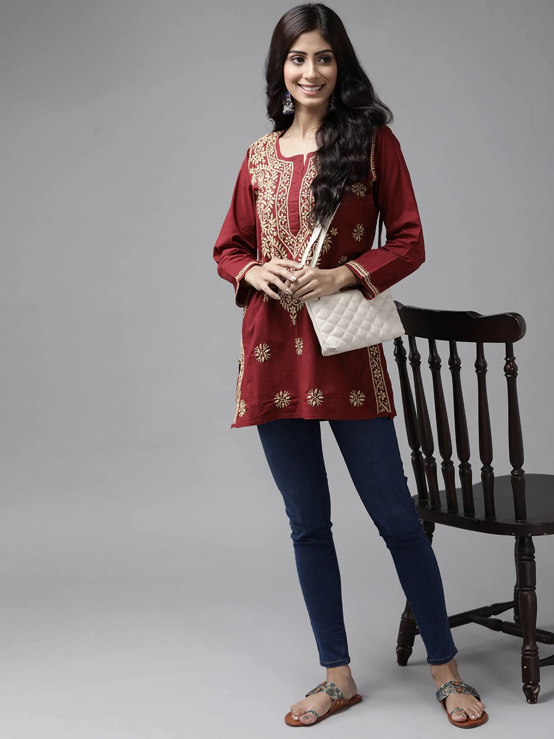Ada Hand Embroidered Maroon Cotton Lucknowi Chikan Short Kurti A250481