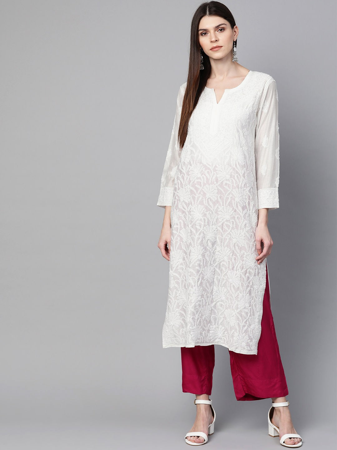 Ada Hand Embroidered White Chanderi Lucknow Chikankari Kurta -A100422