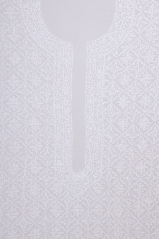 Ada Hand Embroidered White Pure Georgette Lucknowi Chikankari Unstitched Men's Kurta Piece A578482