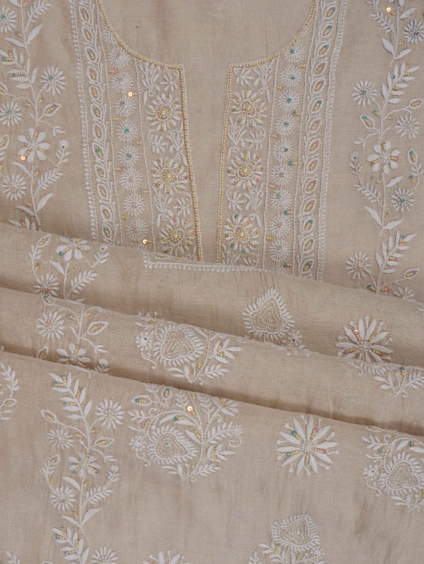 Ada Hand Embroidered Natural Fawn Tissue Lucknowi Chikankari Unstitched Kurta Dupatta Set With Pearl Work 01A193516