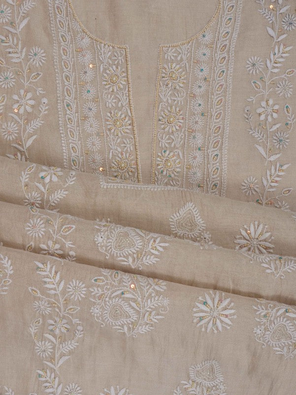 Ada Hand Embroidered Natural Fawn Tissue Lucknowi Chikankari Unstitched Kurta Dupatta Set With Pearl Work 01A193516