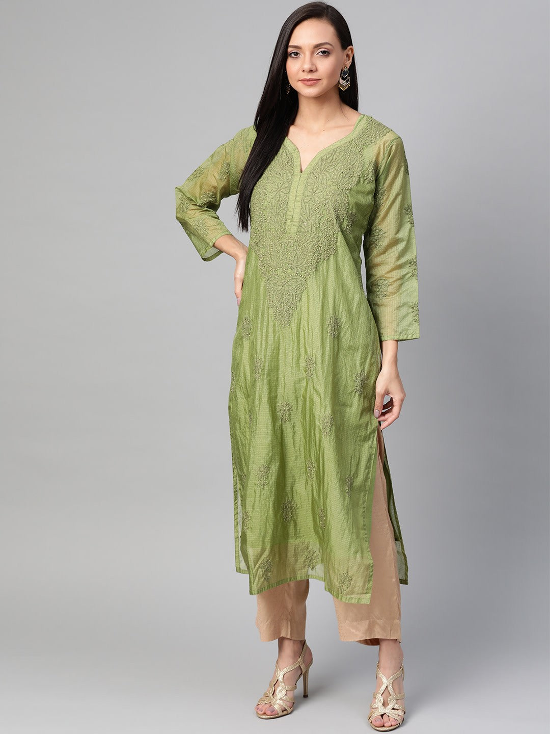 Ada Hand Embroidered Green Kota Lucknowi Chikan Straight Kurta Slip With Muqaish Work- A100485