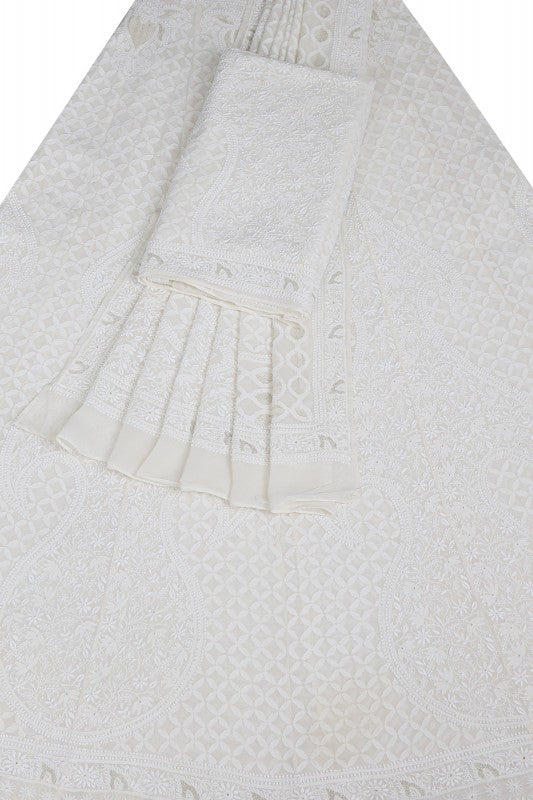Ada Hand Embroidered White Pure Georgette Lucknowi Chikankari Lehenga Set A594298