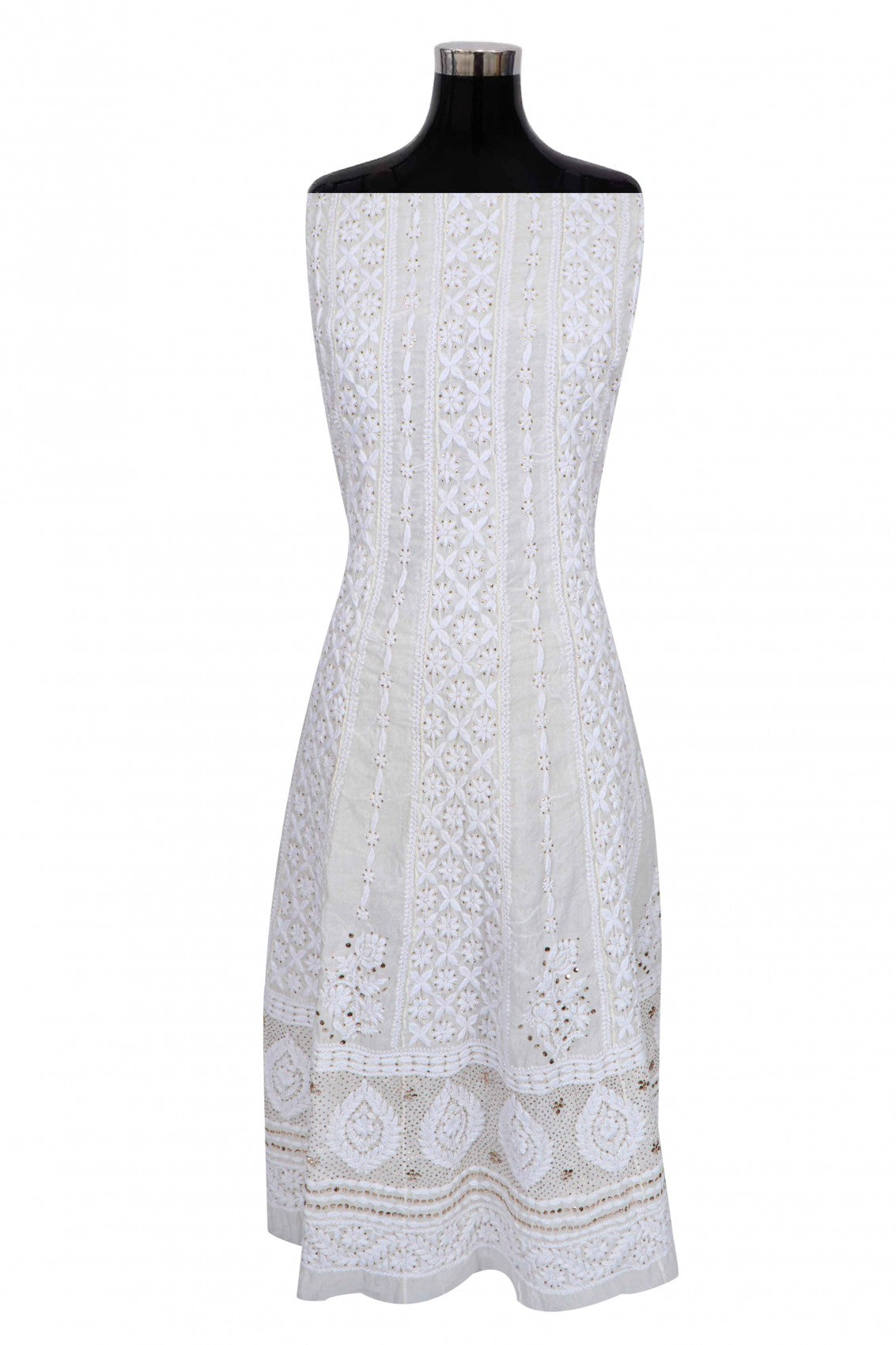 Ada Hand Embroidered Off White Chanderi Lucknowi Chikankari Semi-Stitched Anarkali Kurta Piece With Muqaish Work 01A223577