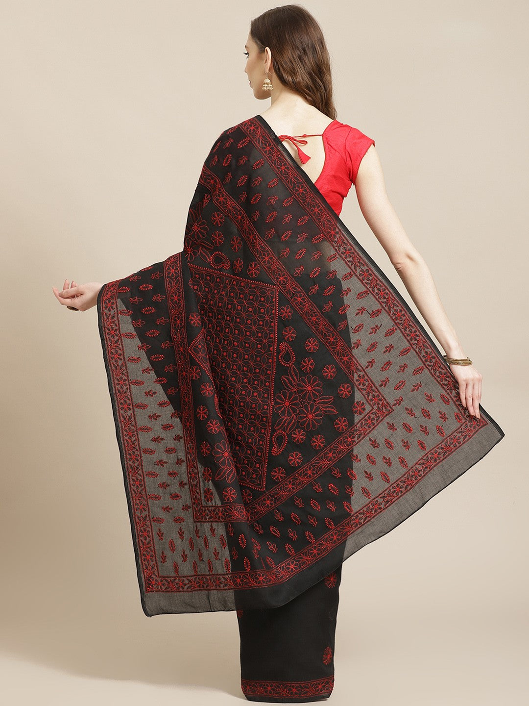 Ada Hand Embroidered Black Cotton Lucknow Chikan Saree With Blouse-A311205