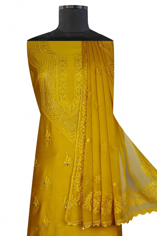 Ada Hand Embroidered Mustard Georgette Lucknowi Chikan Unstitched Kurta Dupatta Set With Muqaish Work A394927