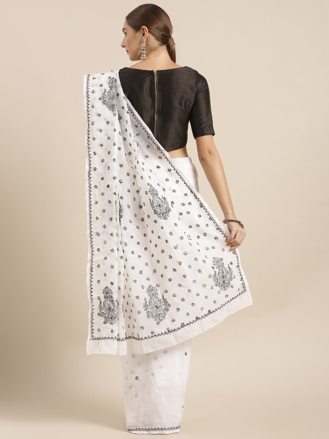 Ada Hand Embroidered Lucknow Chikan White Cotton Saree with Blouse A100145