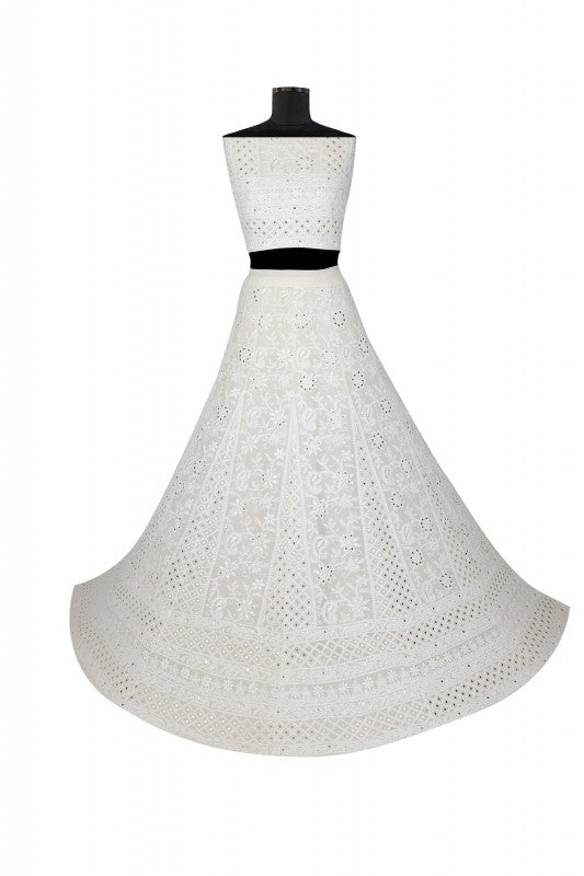 Ada Hand Embroidered White Pure Georgette Lucknowi Chikankari Lehenga Set with Muqaish Work A454707