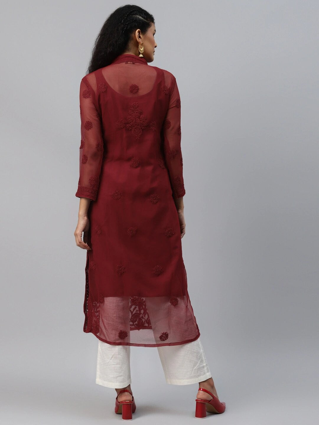 Ada Hand Embroidered Maroon Georgette Lucknowi Chikan Kurta with Slip A225023