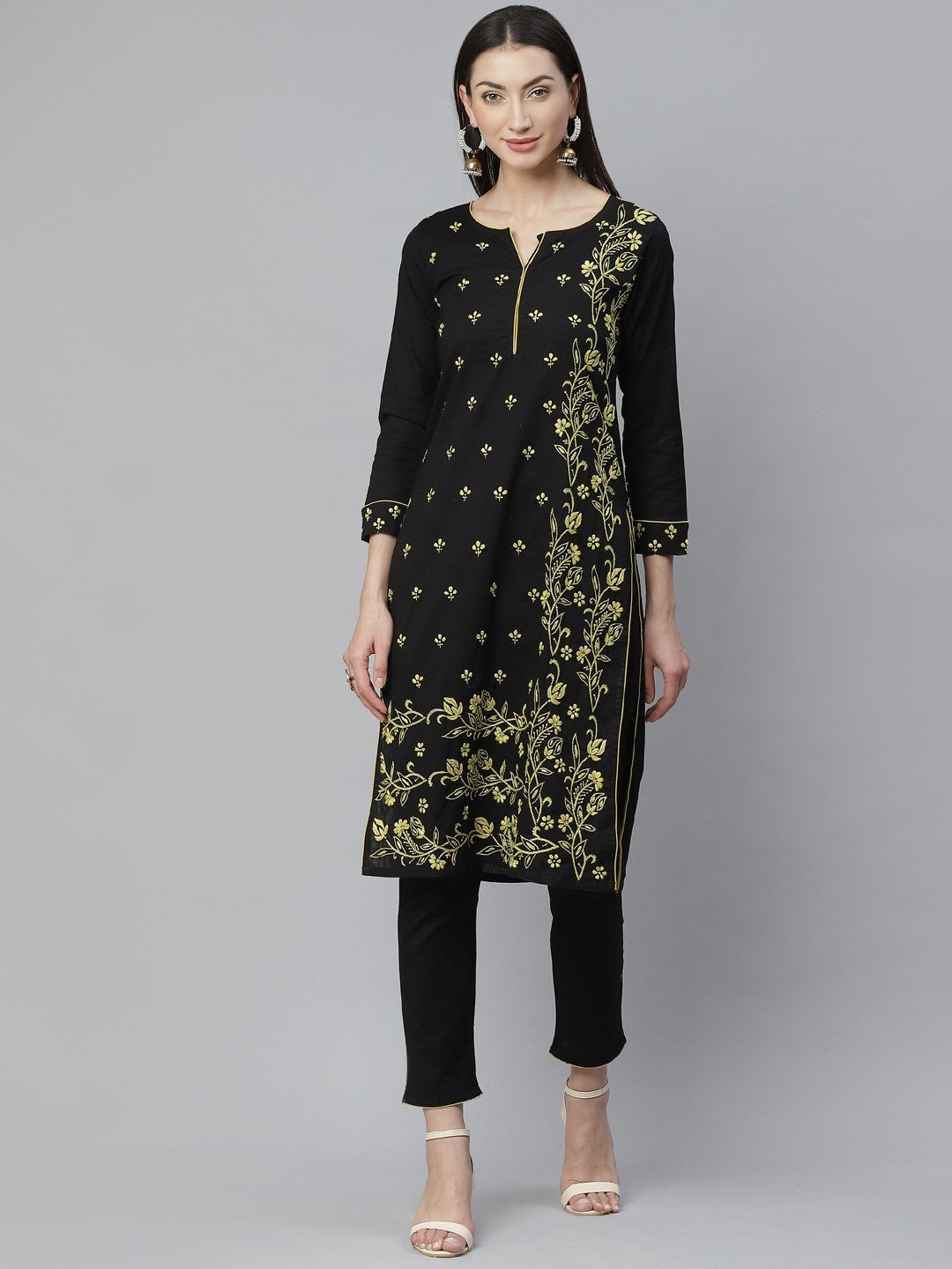 Ada Hand Embroidered Black Cotton Lucknowi Chikankari Straight Kurta With Trouser Set A811130