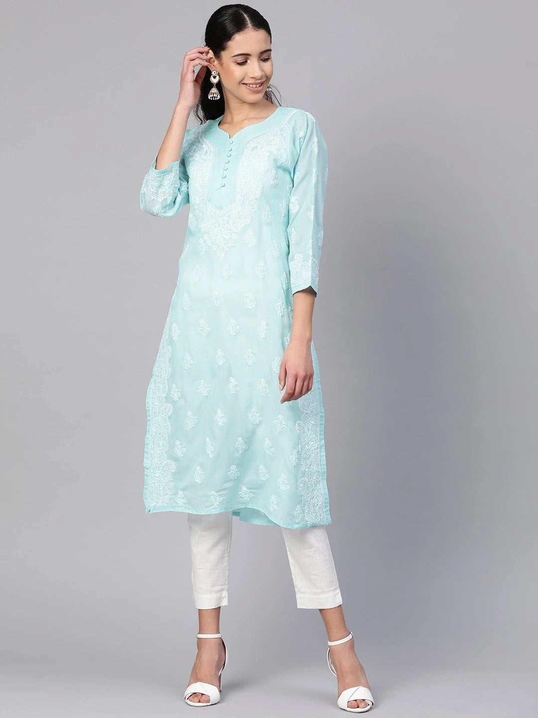 Ada Hand Embroidered Blue Cotton Lucknowi Chikankari Straight Kurta A100357