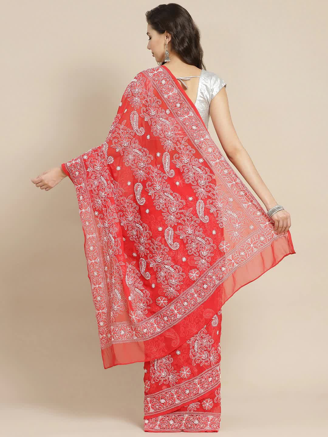 Ada Hand Embroidered Red Georgette Lucknowi Chikankari Saree with Blouse A311326