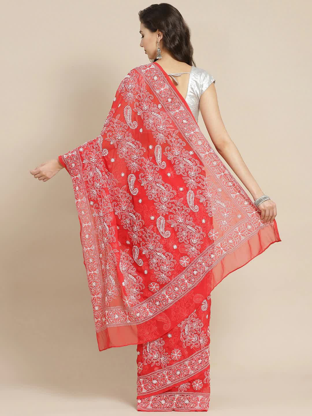 Ada Hand Embroidered Red Georgette Lucknowi Chikankari Saree with Blouse A311326