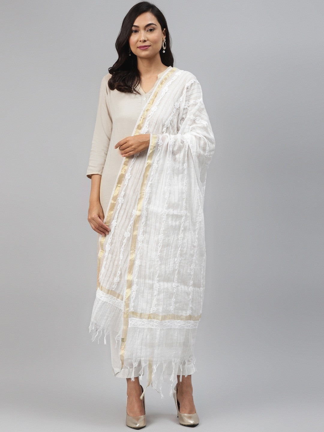 Ada Hand Embroidered White Kota Lucknowi Chikankari Dupatta A511149