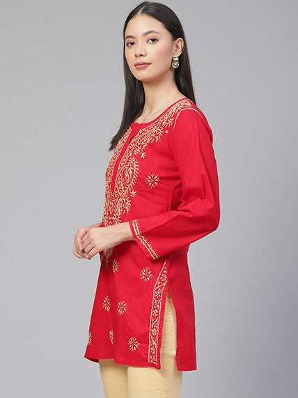 Ada Hand Embroidered Red Cotton Lucknowi Chikankari Straight Kurti A250381