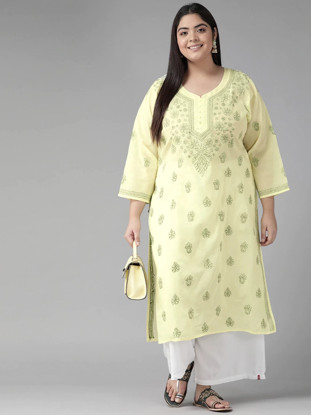Ada Hand Embroidered Lemon Cotton Lucknowi Chikankari Straight Kurta A275710