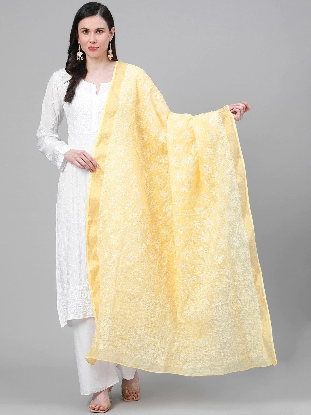 Ada Hand Embroidered Yellow Kota Lucknowi Chikankari Dupatta A511159