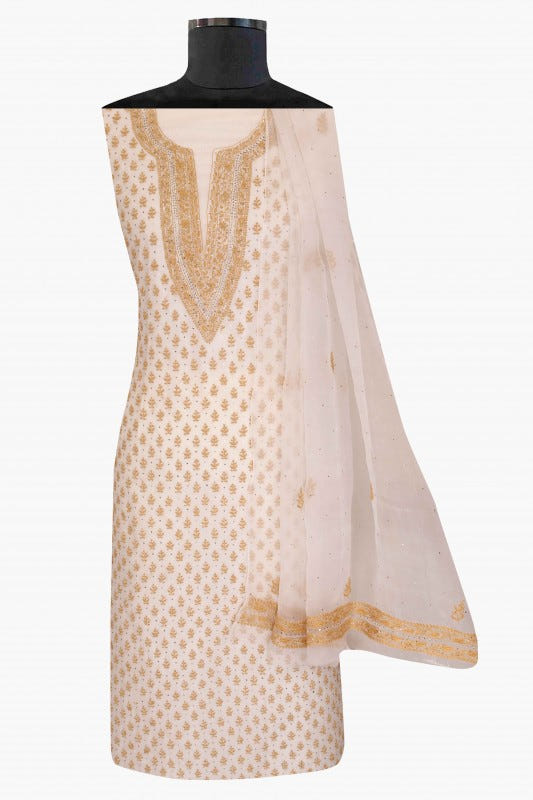 Ada Hand Embroidered Off White Organza Lucknowi Chikan Unstitched Kurta Dupatta Set with Muqaish Work - A559952