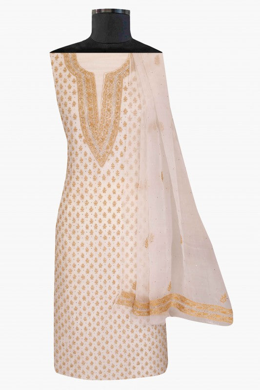 Ada Hand Embroidered Off White Organza Lucknowi Chikan Unstitched Kurta Dupatta Set with Muqaish Work - A559952